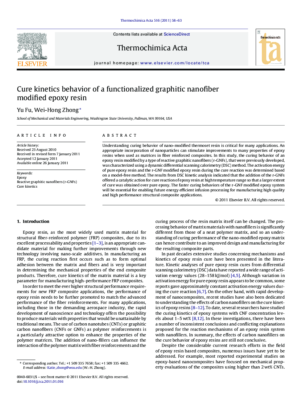 Cure kinetics behavior of a functionalized graphitic nanofiber modified epoxy resin