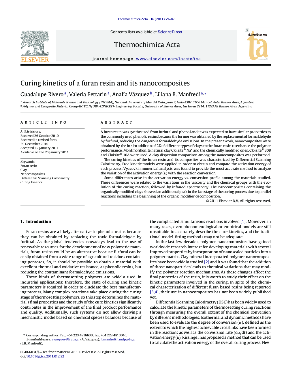 Curing kinetics of a furan resin and its nanocomposites