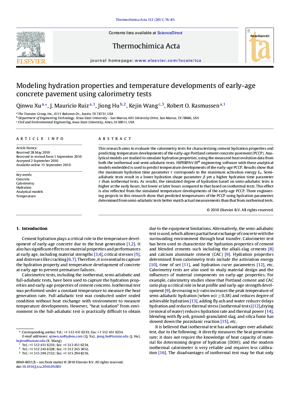 Modeling hydration properties and temperature developments of early-age concrete pavement using calorimetry tests