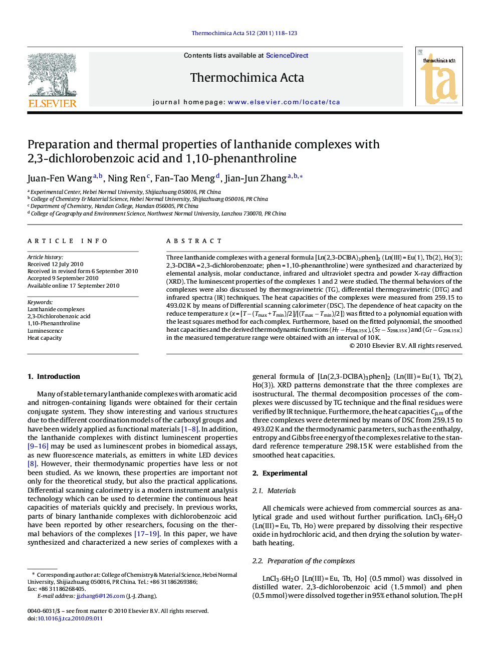 Preparation and thermal properties of lanthanide complexes with 2,3-dichlorobenzoic acid and 1,10-phenanthroline