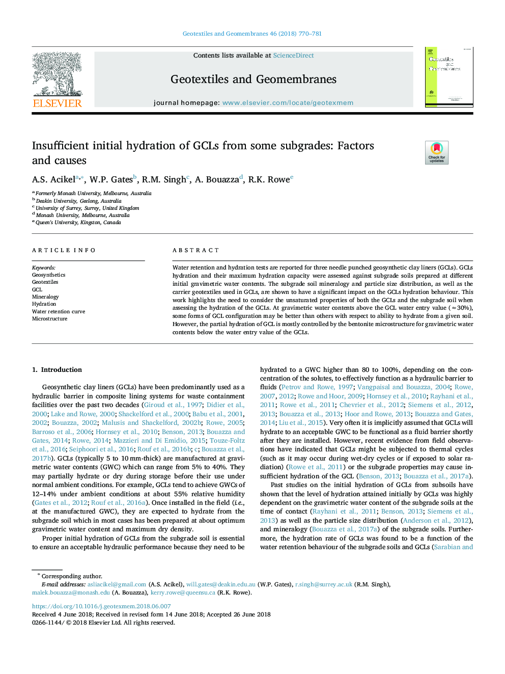 Insufficient initial hydration of GCLs from some subgrades: Factors and causes