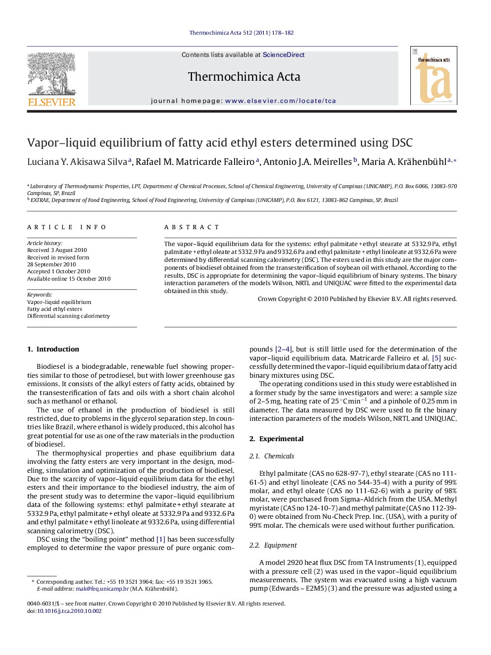 Vapor–liquid equilibrium of fatty acid ethyl esters determined using DSC