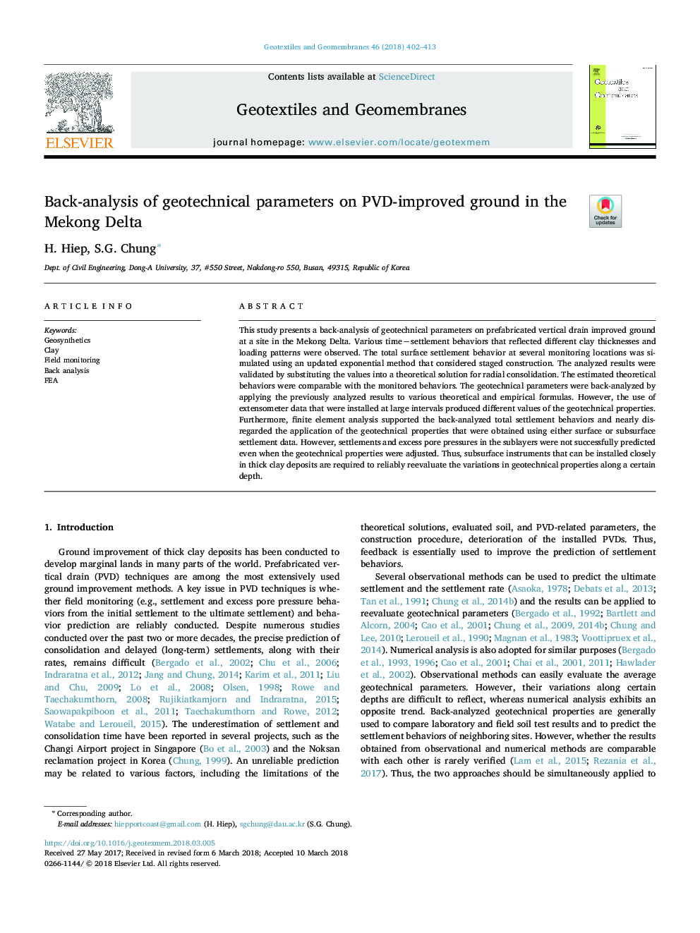 Back-analysis of geotechnical parameters on PVD-improved ground in the Mekong Delta