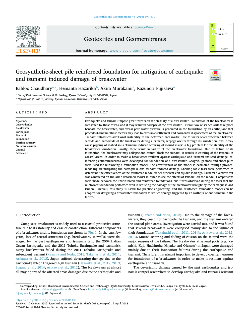 Geosynthetic-sheet pile reinforced foundation for mitigation of earthquake and tsunami induced damage of breakwater