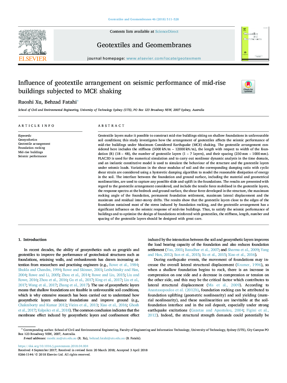 Influence of geotextile arrangement on seismic performance of mid-rise buildings subjected to MCE shaking