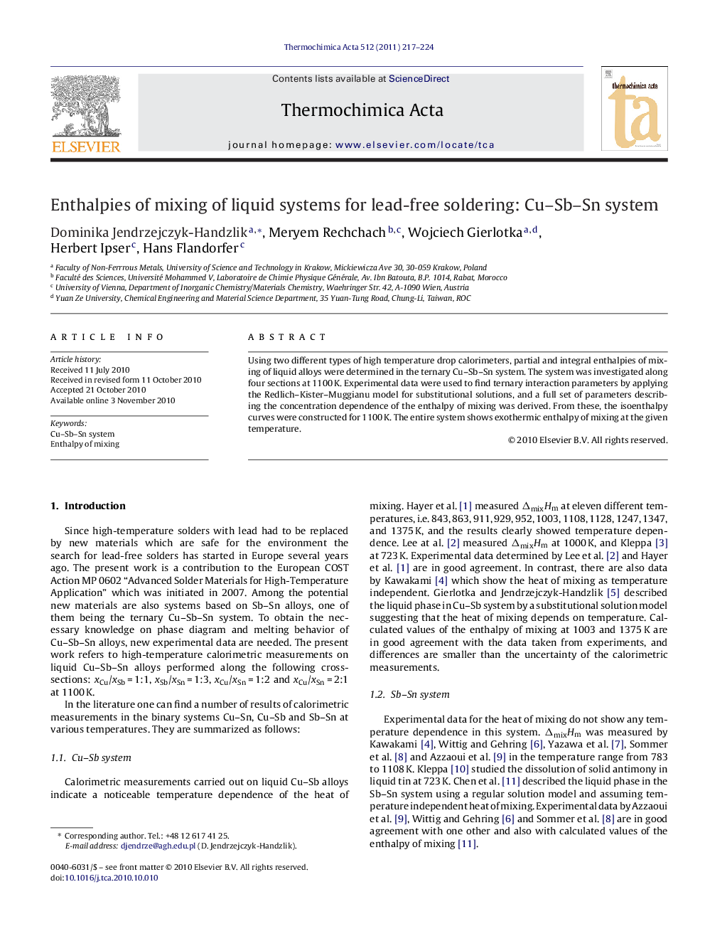 Enthalpies of mixing of liquid systems for lead-free soldering: Cu–Sb–Sn system