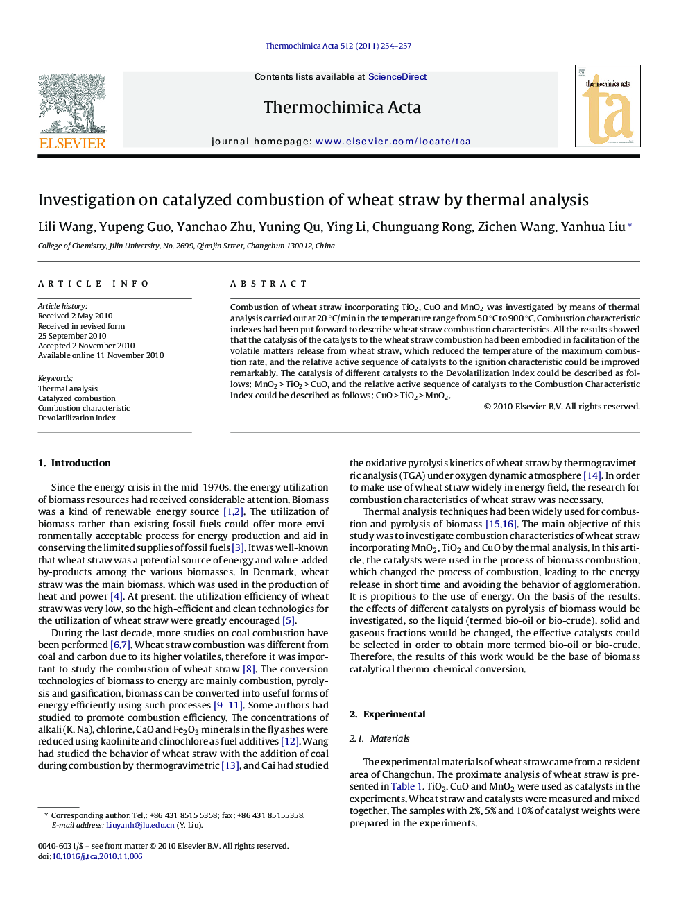 Investigation on catalyzed combustion of wheat straw by thermal analysis