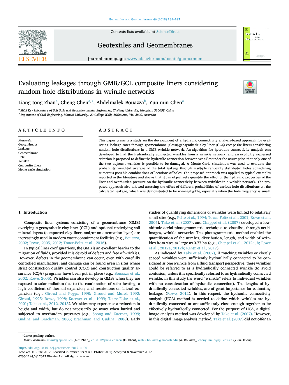 Evaluating leakages through GMB/GCL composite liners considering random hole distributions in wrinkle networks