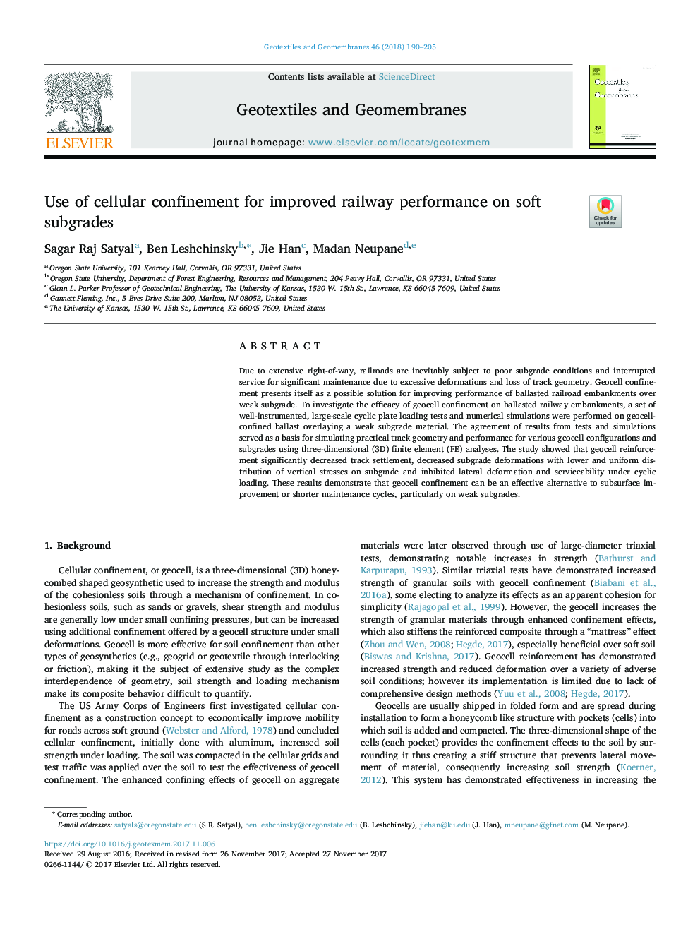 Use of cellular confinement for improved railway performance on soft subgrades