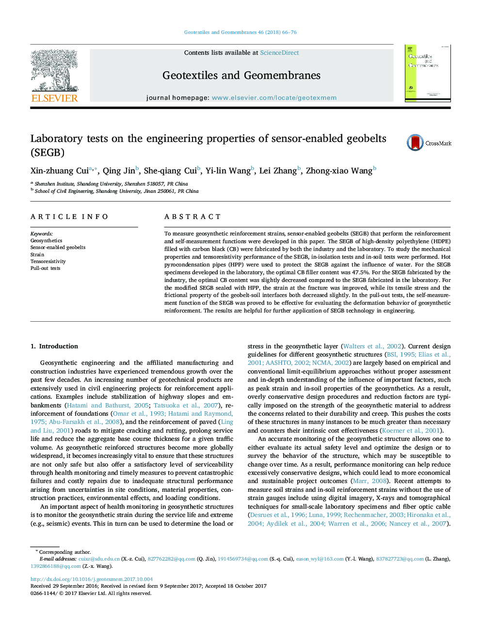 Laboratory tests on the engineering properties of sensor-enabled geobelts (SEGB)