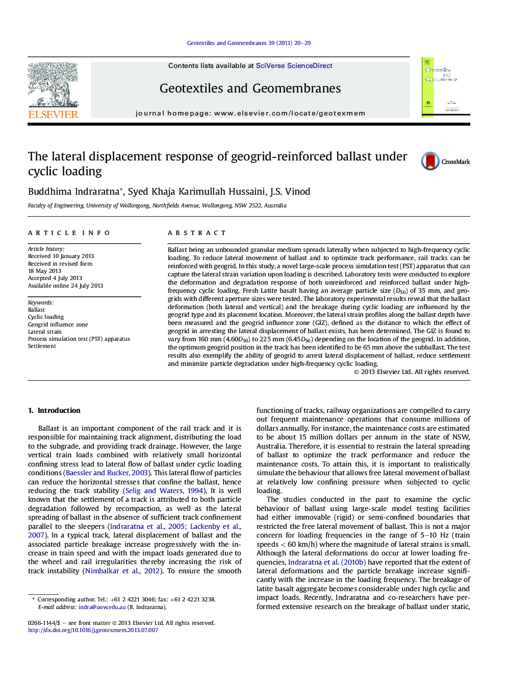 The lateral displacement response of geogrid-reinforced ballast under cyclic loading