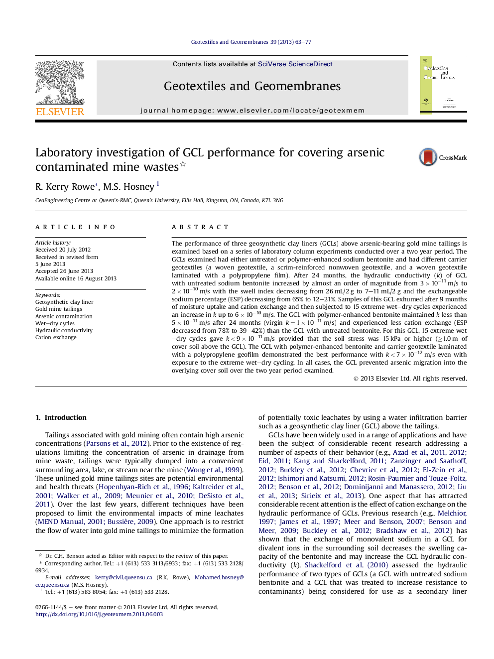 Laboratory investigation of GCL performance for covering arsenic contaminated mine wastes