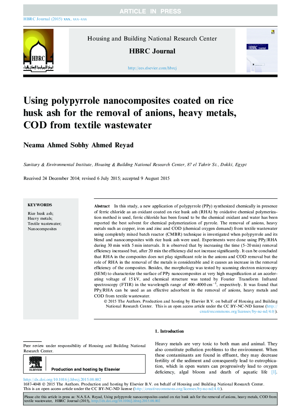 Using polypyrrole nanocomposites coated on rice husk ash for the removal of anions, heavy metals, COD from textile wastewater