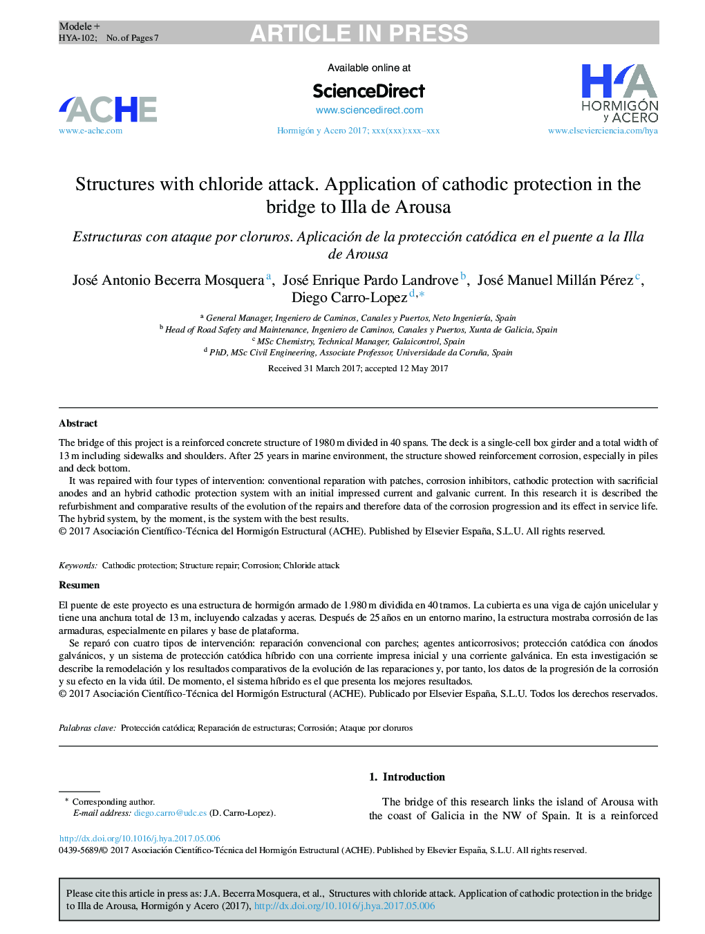 Structures with chloride attack. Application of cathodic protection in the bridge to Illa de Arousa