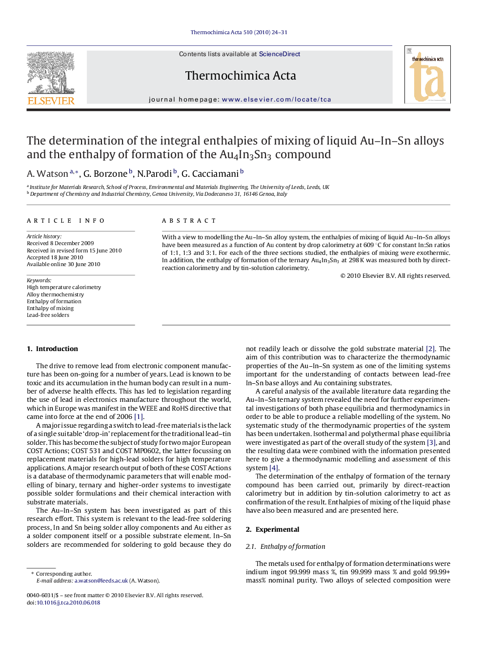 The determination of the integral enthalpies of mixing of liquid Au–In–Sn alloys and the enthalpy of formation of the Au4In3Sn3 compound