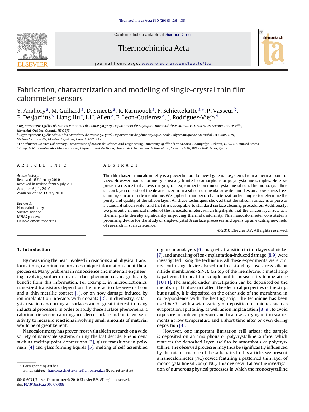 Fabrication, characterization and modeling of single-crystal thin film calorimeter sensors