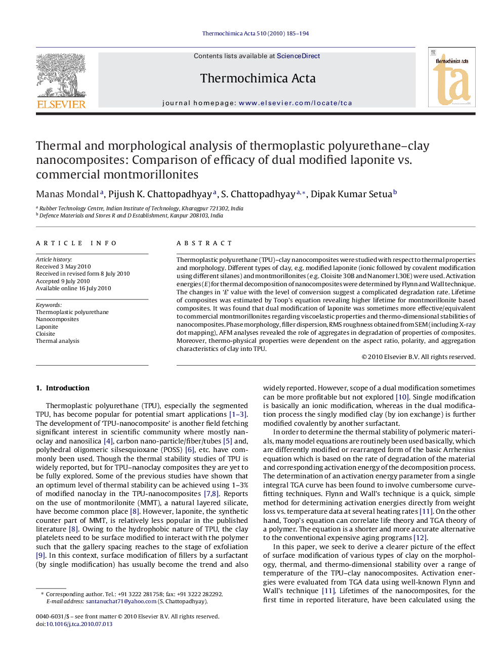 Thermal and morphological analysis of thermoplastic polyurethane–clay nanocomposites: Comparison of efficacy of dual modified laponite vs. commercial montmorillonites