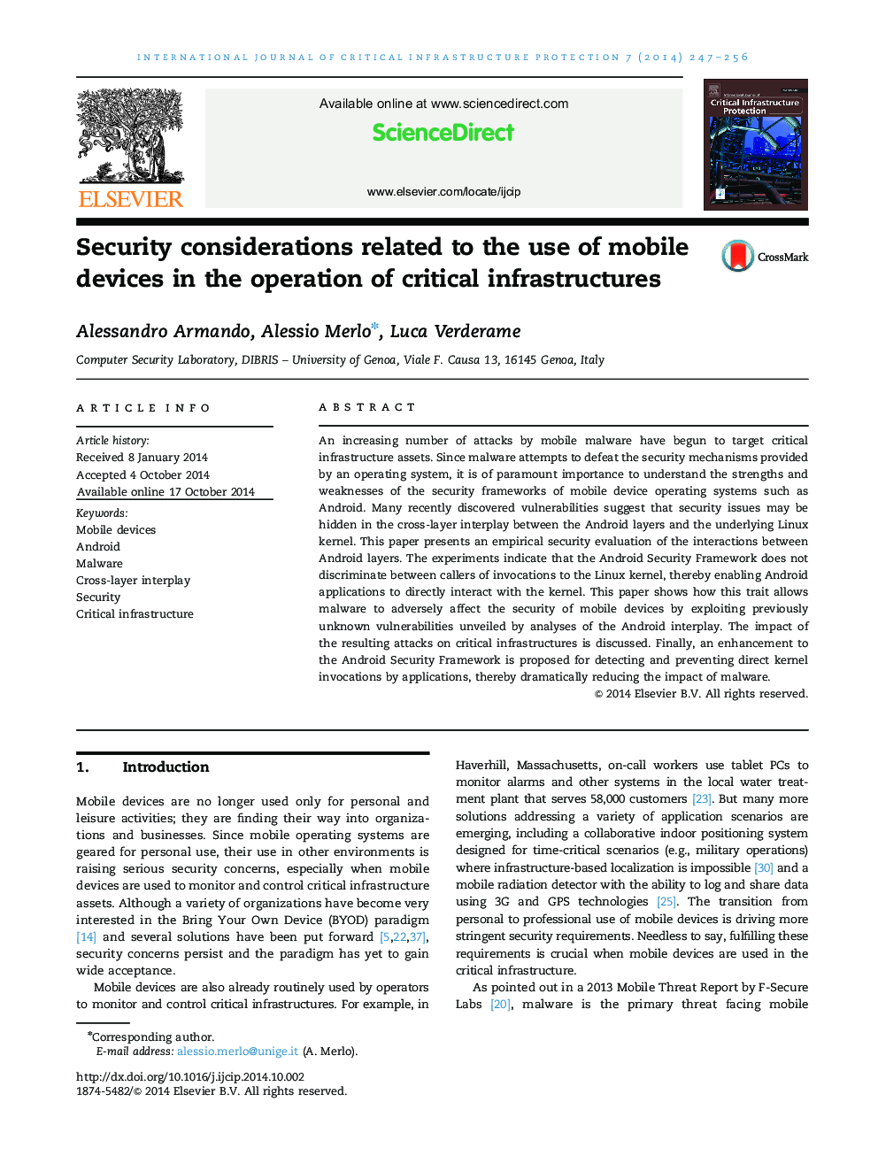 Security considerations related to the use of mobile devices in the operation of critical infrastructures