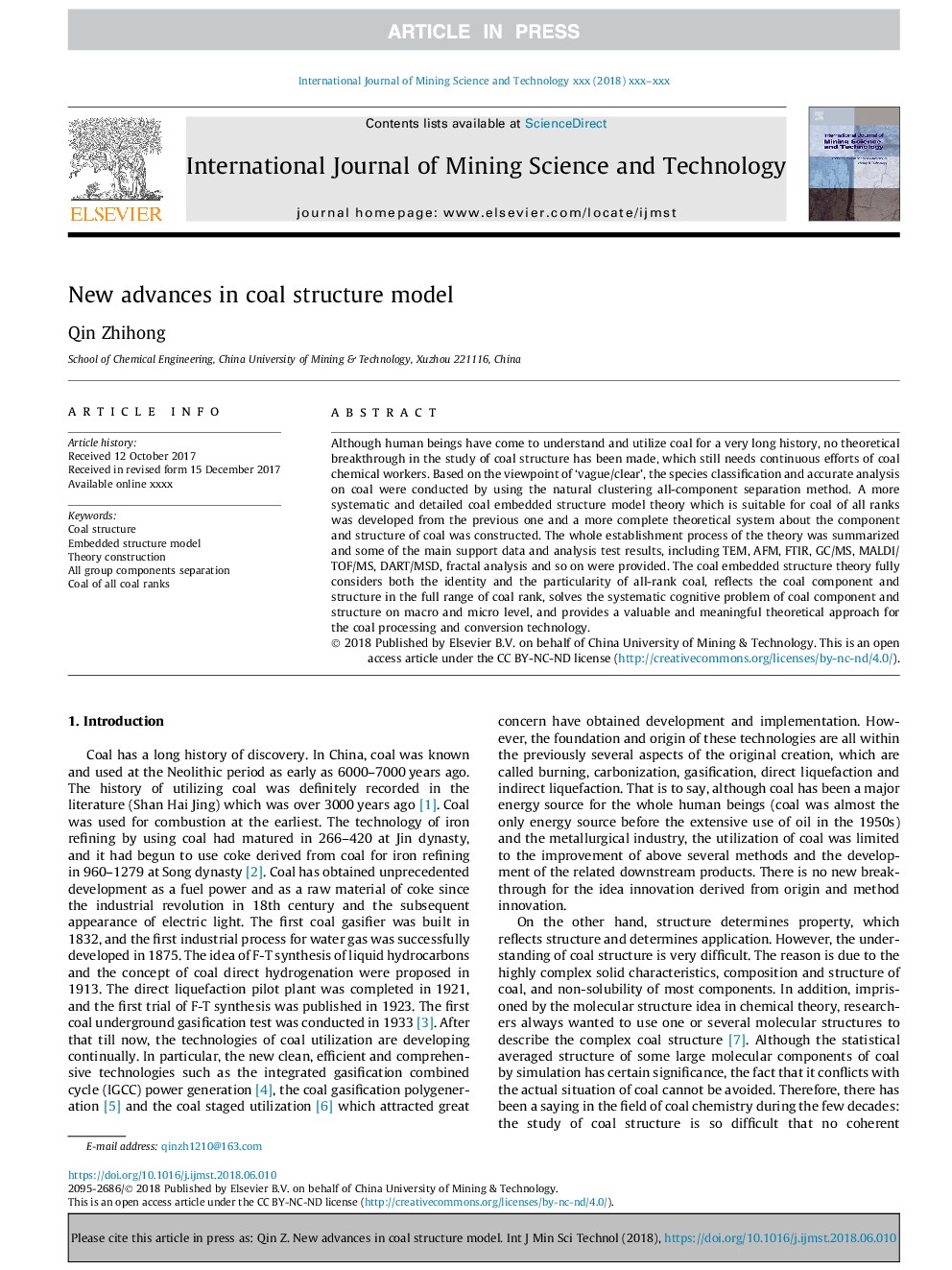 New advances in coal structure model