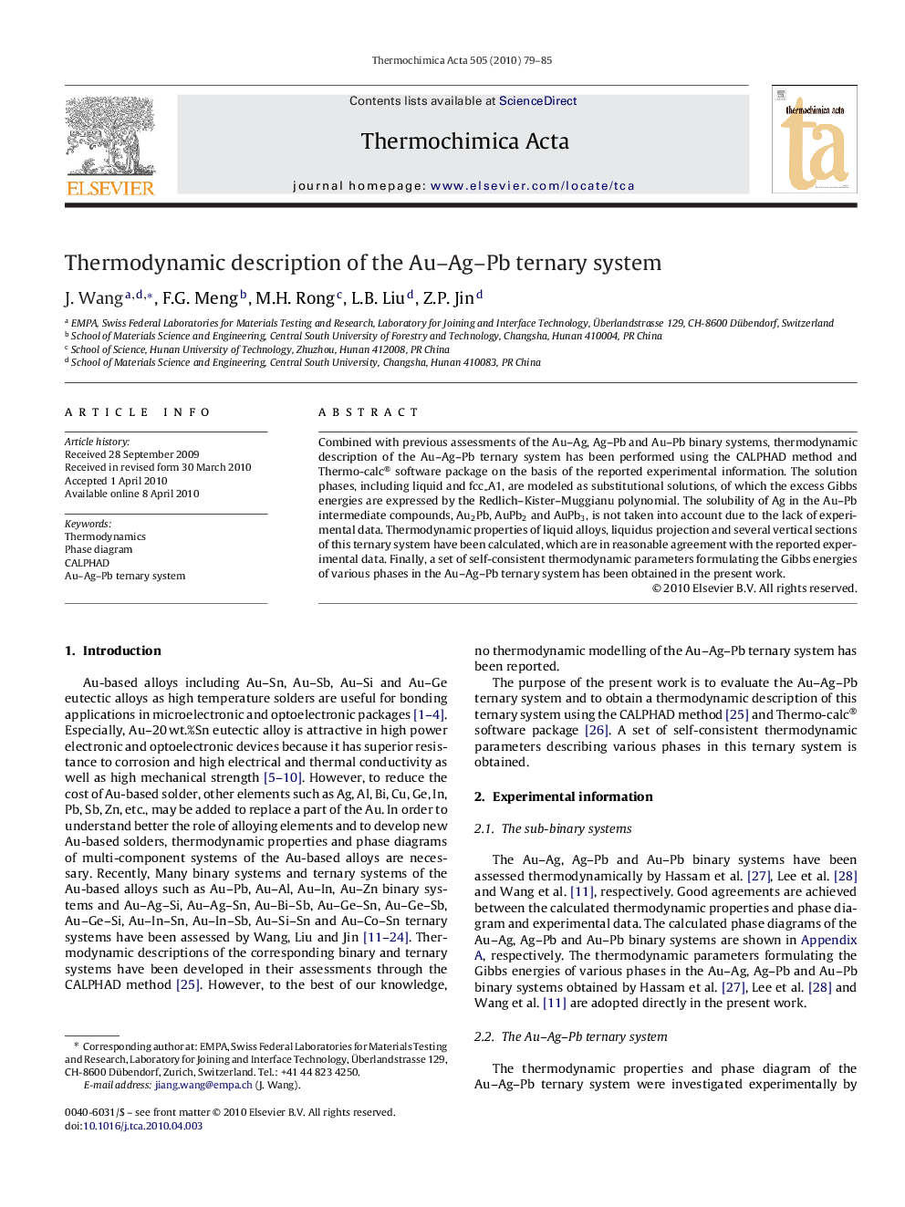 Thermodynamic description of the Au–Ag–Pb ternary system