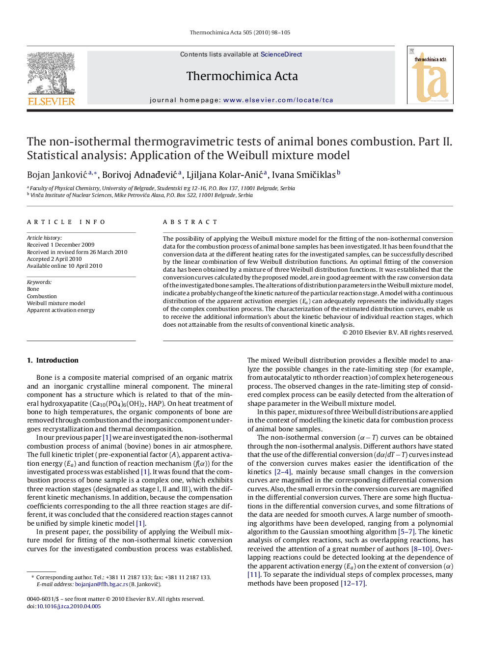 The non-isothermal thermogravimetric tests of animal bones combustion. Part II. Statistical analysis: Application of the Weibull mixture model