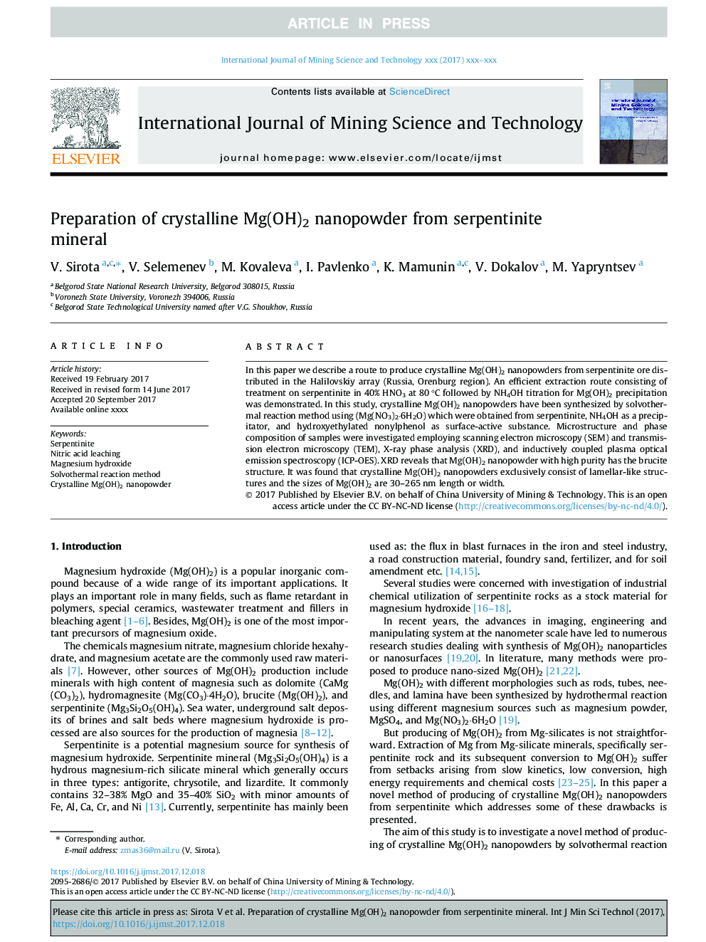 Preparation of crystalline Mg(OH)2 nanopowder from serpentinite mineral