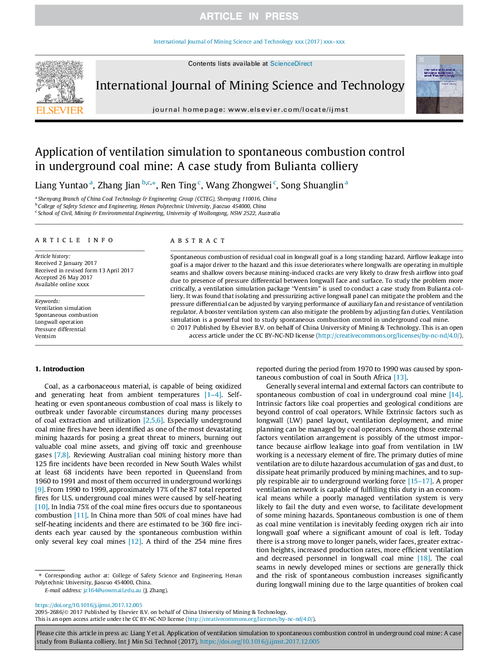 Application of ventilation simulation to spontaneous combustion control in underground coal mine: A case study from Bulianta colliery