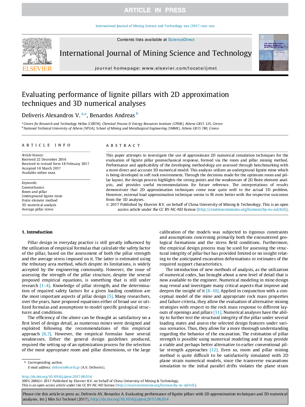 عکس صفحه اول مقاله: Evaluating performance of lignite pillars with 2D approximation techniques and 3D numerical analyses Evaluating performance of lignite pillars with 2D approximation techniques and 3D numerical analyses
