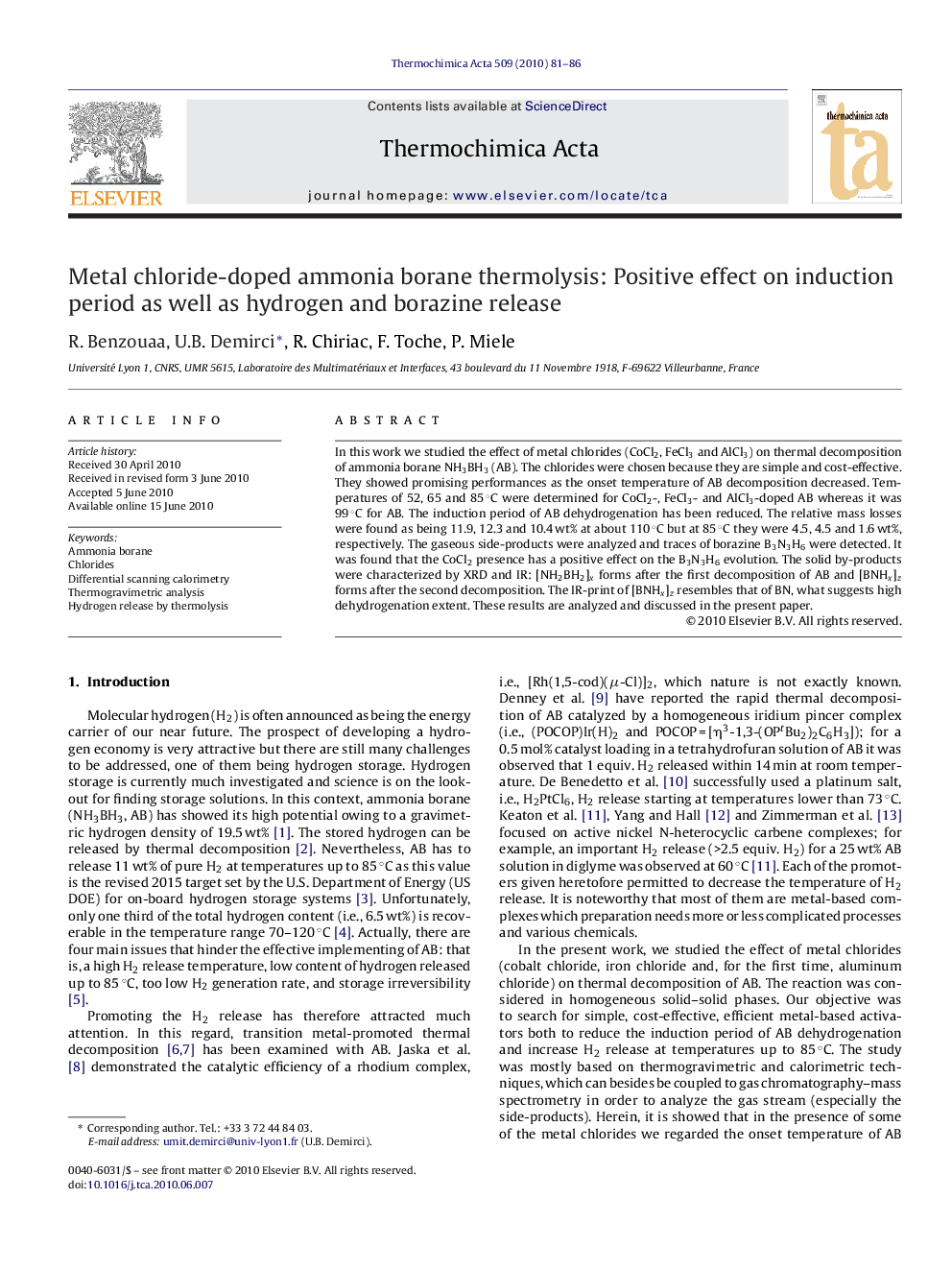 Metal chloride-doped ammonia borane thermolysis: Positive effect on induction period as well as hydrogen and borazine release