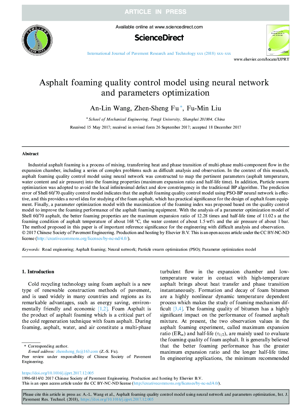 Asphalt foaming quality control model using neural network and parameters optimization