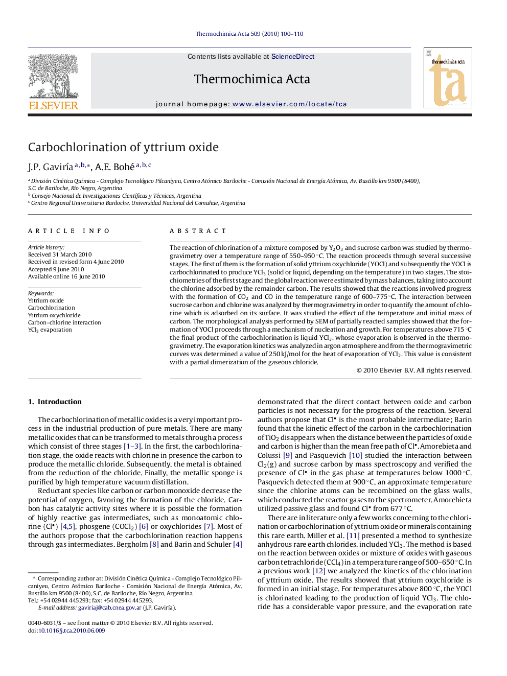 Carbochlorination of yttrium oxide