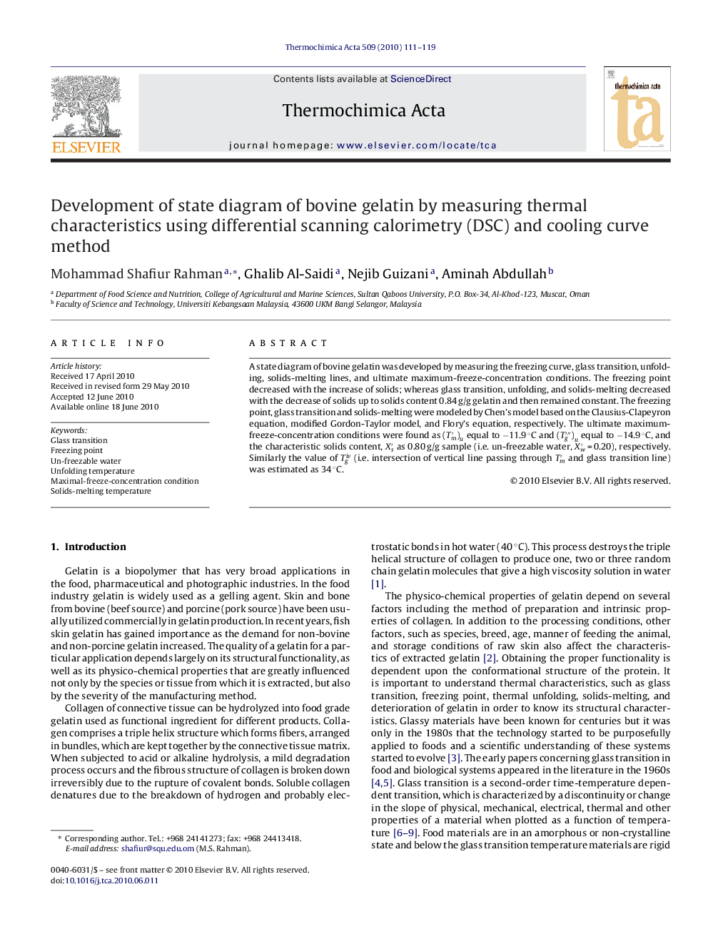 Development of state diagram of bovine gelatin by measuring thermal characteristics using differential scanning calorimetry (DSC) and cooling curve method