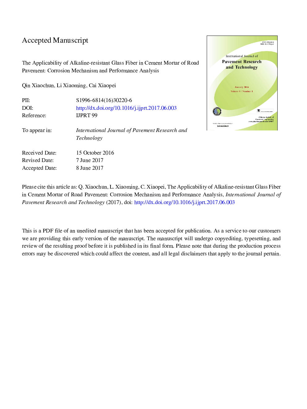 The applicability of alkaline-resistant glass fiber in cement mortar of road pavement: Corrosion mechanism and performance analysis