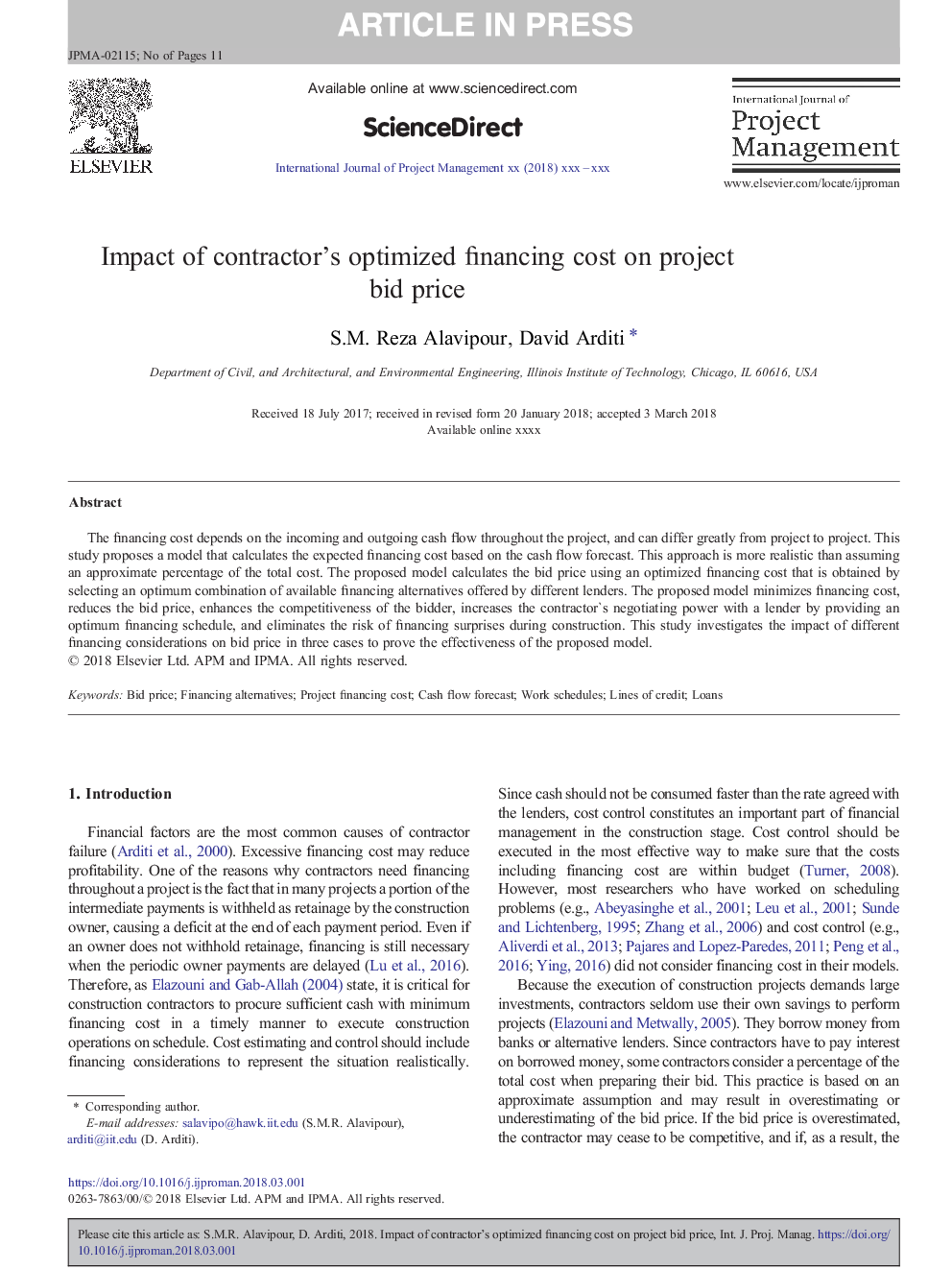 Impact of contractor's optimized financing cost on project bid price