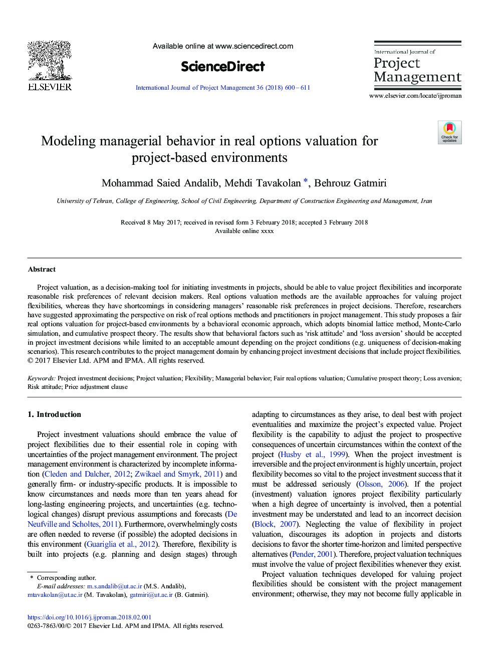 مدل سازی رفتار مدیریتی در ارزیابی گزینه های واقعی برای محیط های مبتنی بر پروژه 