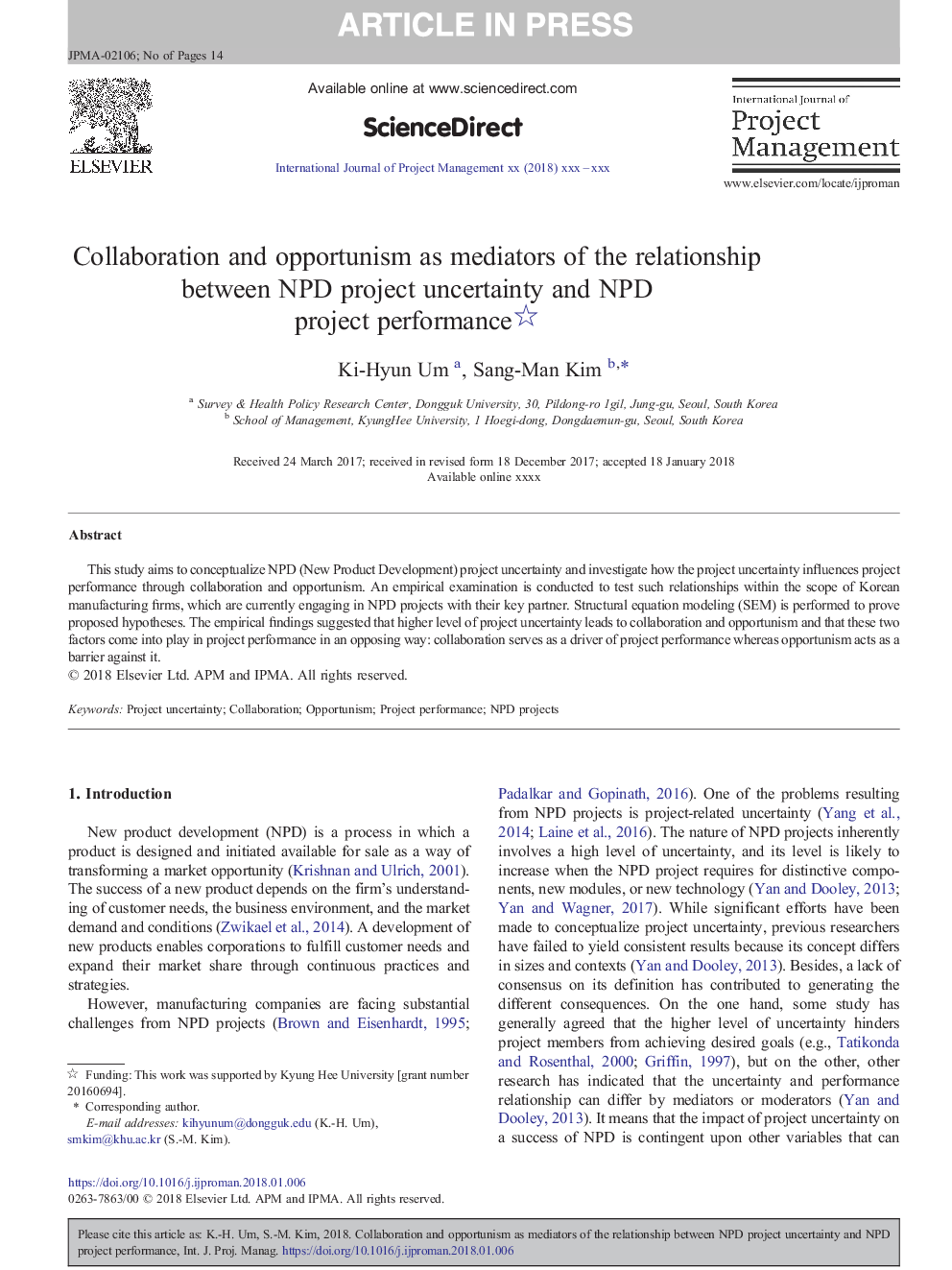 Collaboration and opportunism as mediators of the relationship between NPD project uncertainty and NPD project performance