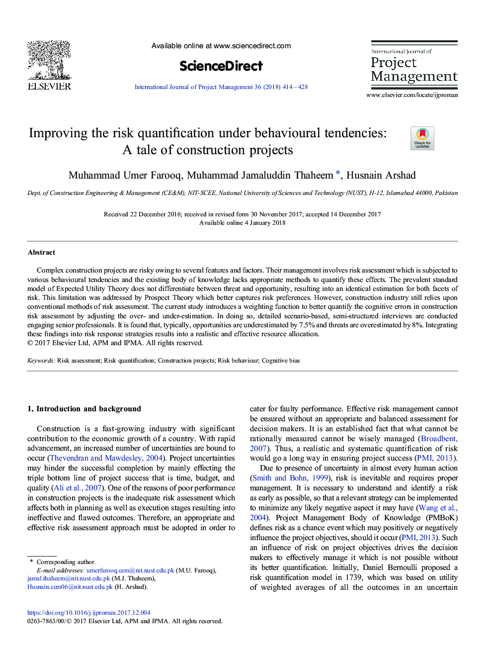 Improving the risk quantification under behavioural tendencies: A tale of construction projects