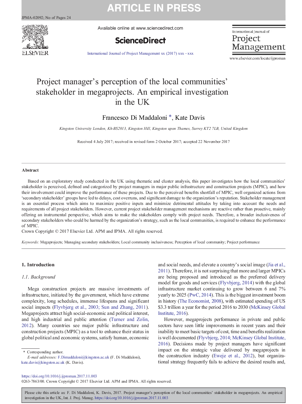 Project manager's perception of the local communities' stakeholder in megaprojects. An empirical investigation in the UK