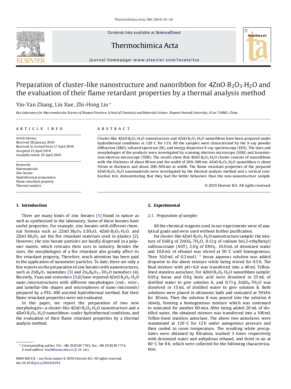 Preparation of cluster-like nanostructure and nanoribbon for 4ZnO·B2O3·H2O and the evaluation of their flame retardant properties by a thermal analysis method