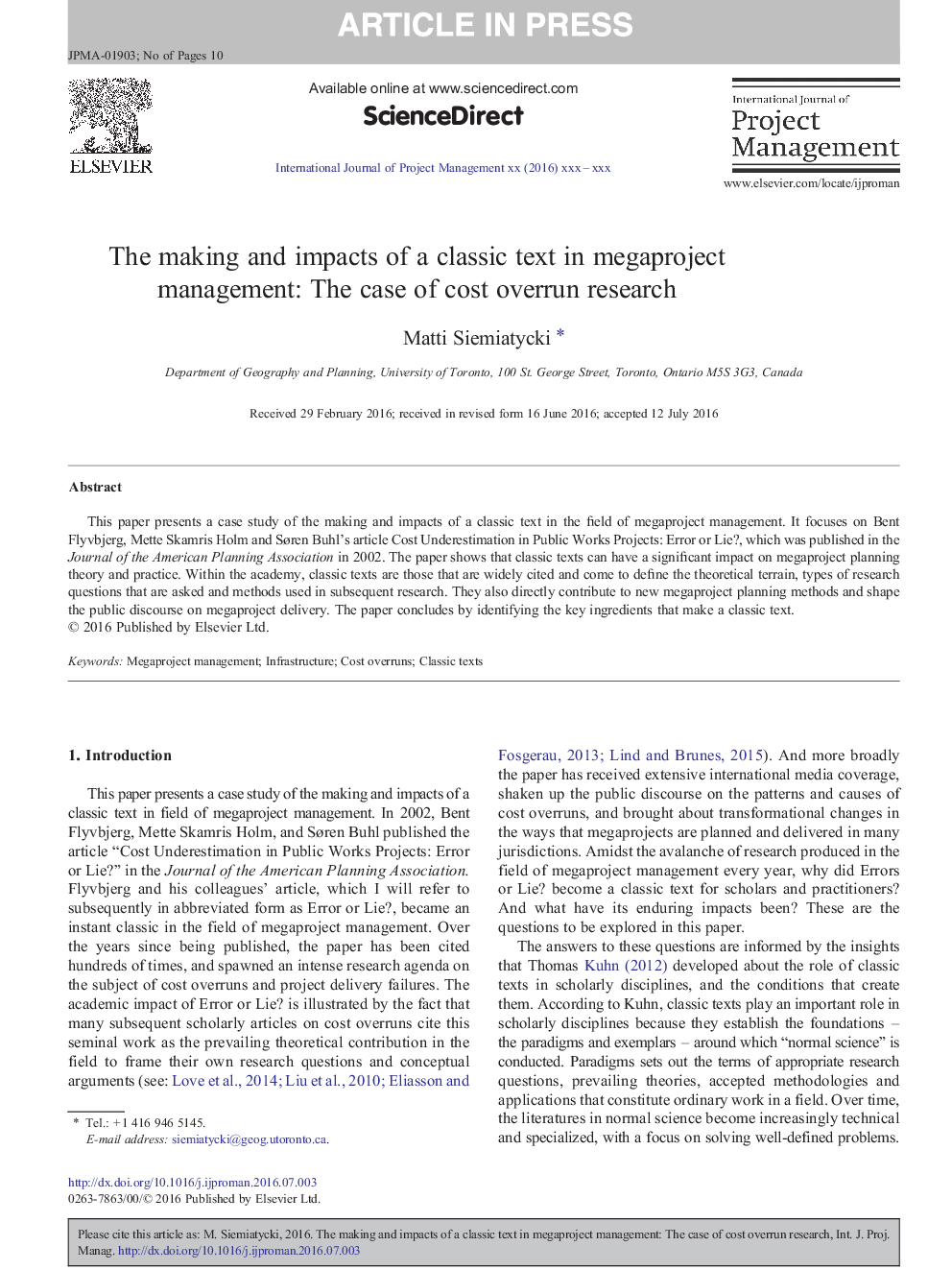 The making and impacts of a classic text in megaproject management: The case of cost overrun research