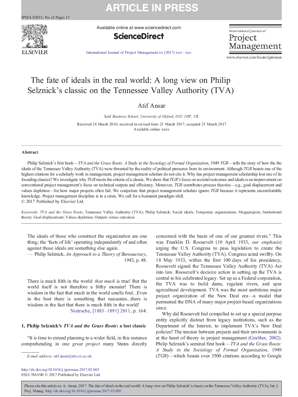 The fate of ideals in the real world: A long view on Philip Selznick's classic on the Tennessee Valley Authority (TVA)