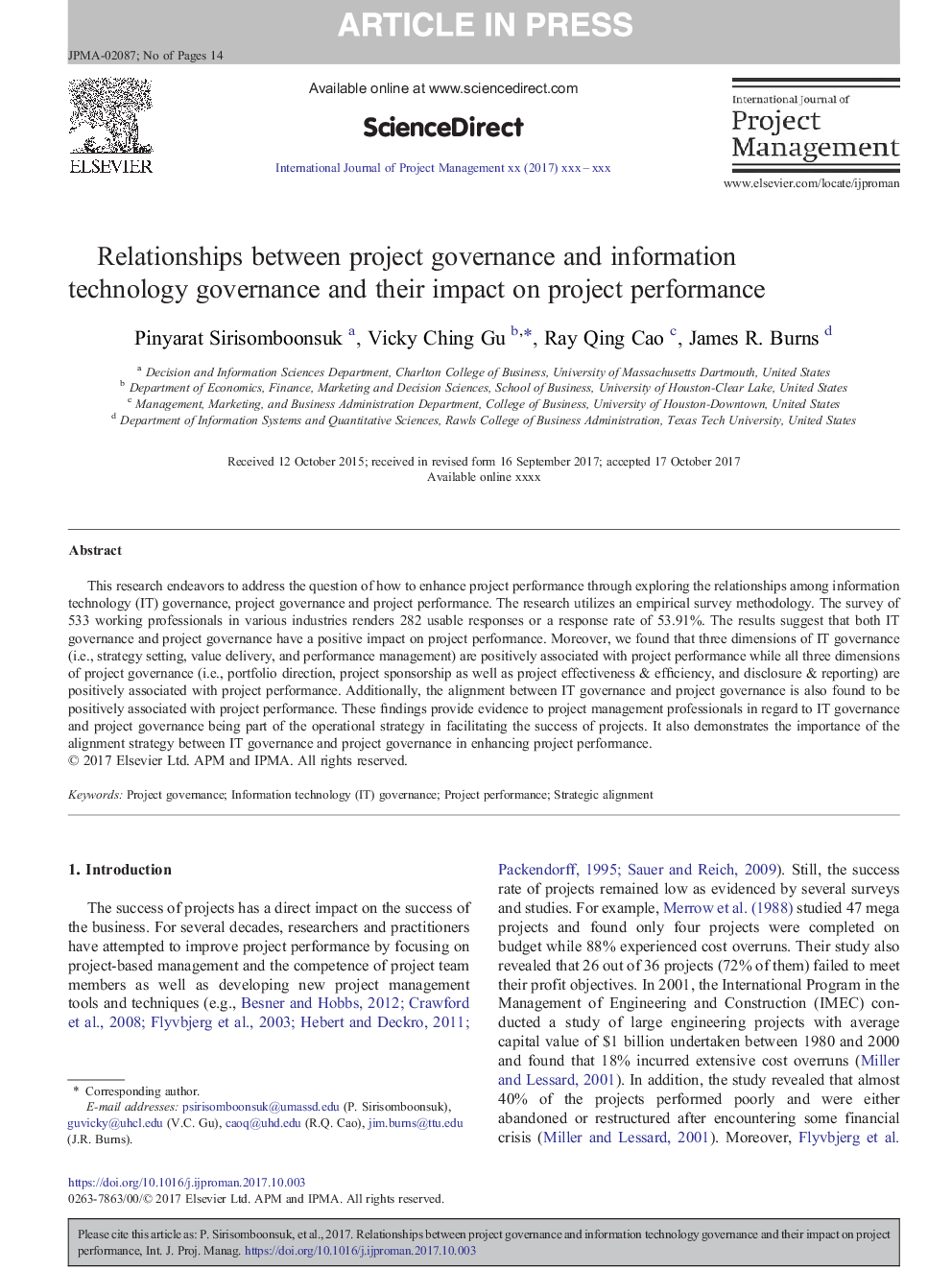 Relationships between project governance and information technology governance and their impact on project performance