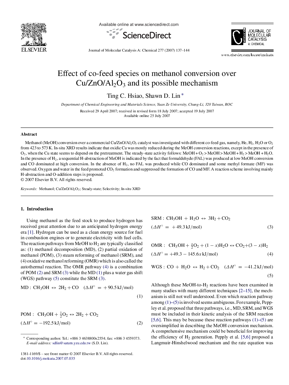 Effect of co-feed species on methanol conversion over Cu/ZnO/Al2O3 and its possible mechanism