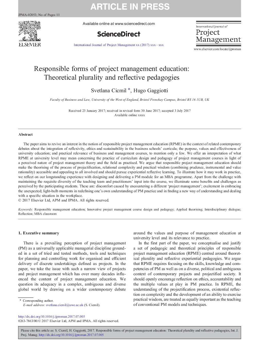 Responsible forms of project management education: Theoretical plurality and reflective pedagogies