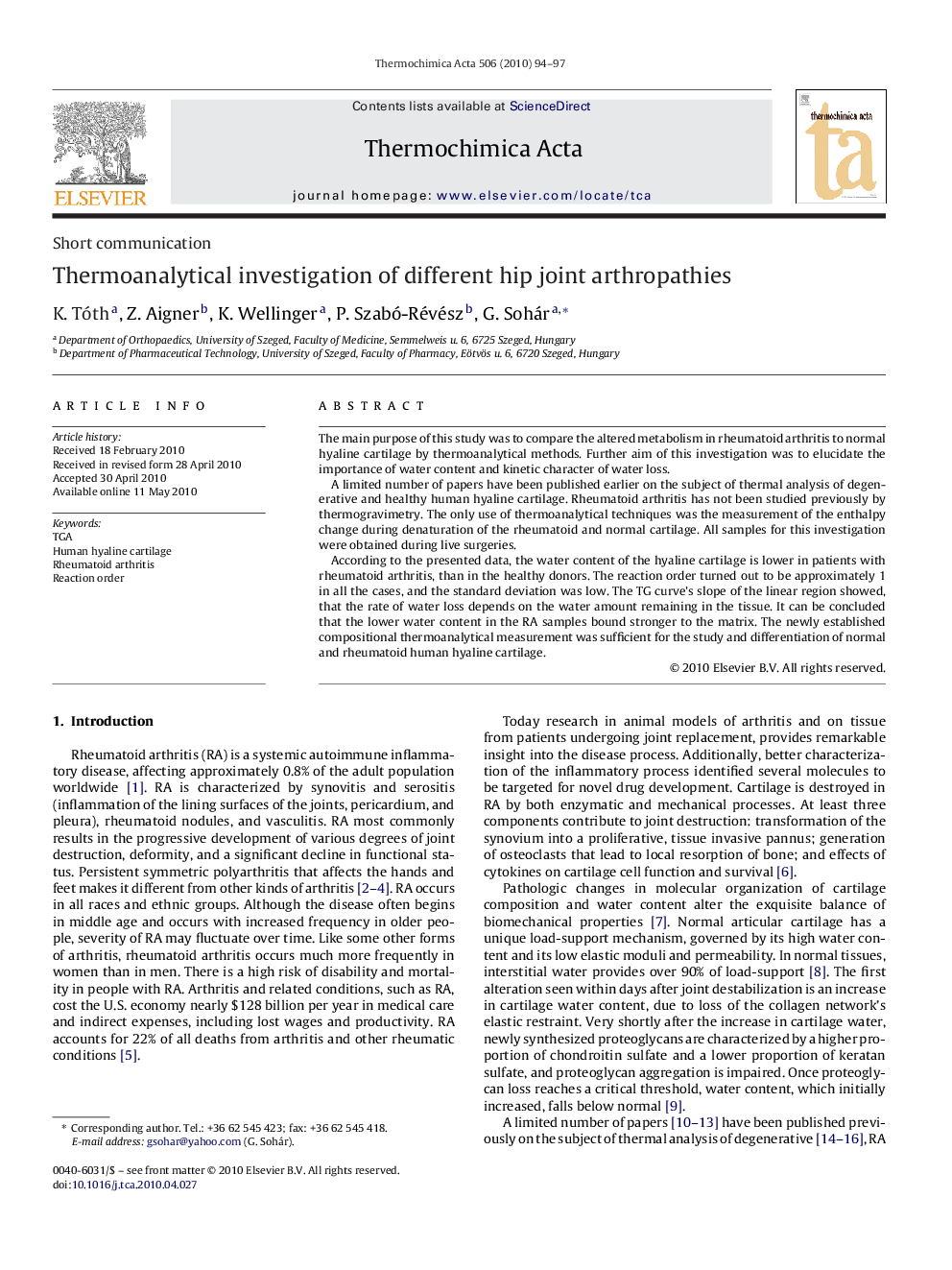 Thermoanalytical investigation of different hip joint arthropathies