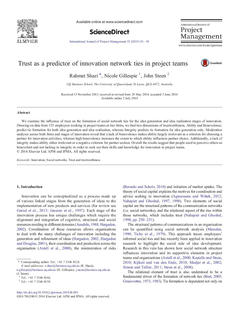 Trust as a predictor of innovation network ties in project teams