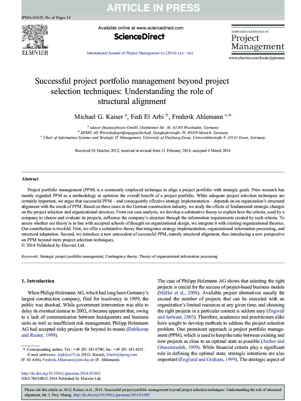 Successful project portfolio management beyond project selection techniques: Understanding the role of structural alignment