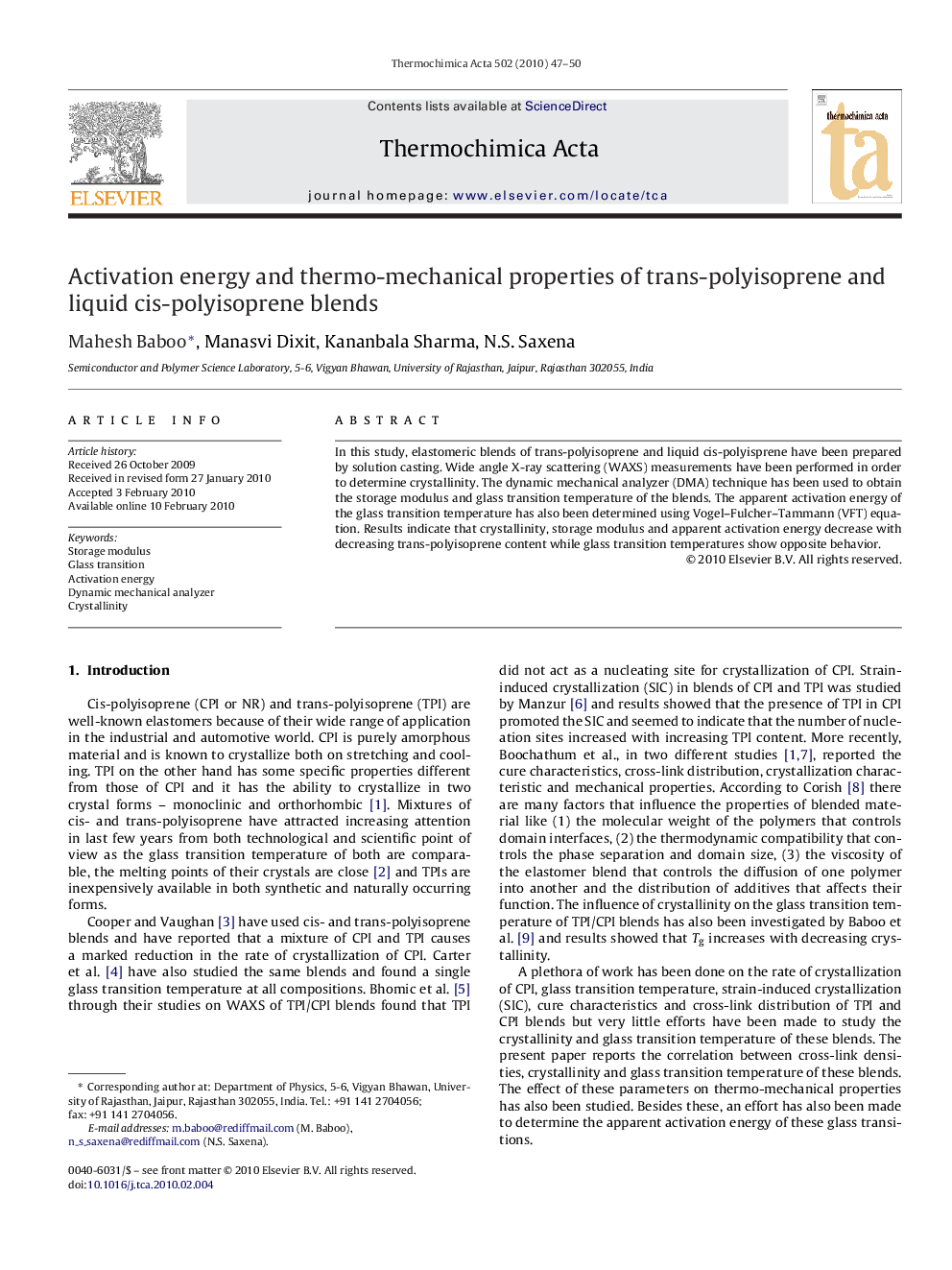 Activation energy and thermo-mechanical properties of trans-polyisoprene and liquid cis-polyisoprene blends