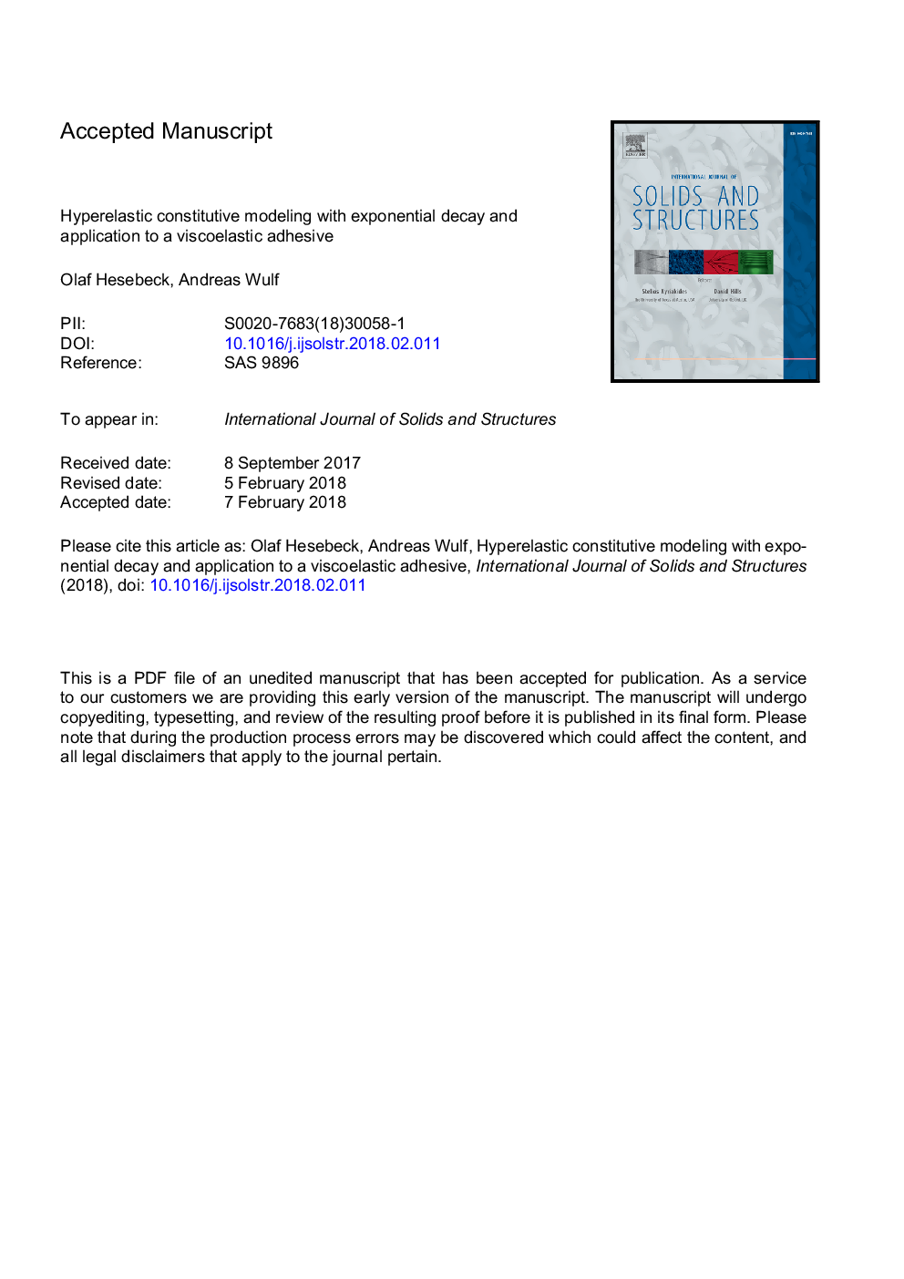 Hyperelastic constitutive modeling with exponential decay and application to a viscoelastic adhesive