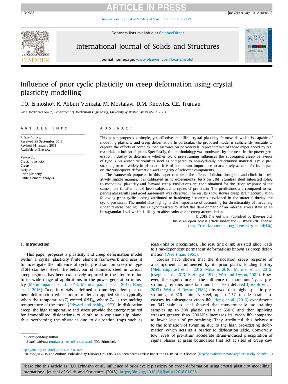 Influence of prior cyclic plasticity on creep deformation using crystal plasticity modelling